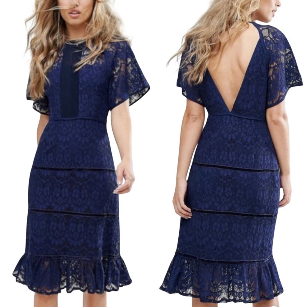 Foxiedox Lace Ruffled Hem Midi Dress Sheath Low V Back Navy Blue NEW Womens S
